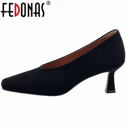 FEDONAS Vintage Women Pumps Thin High Heels Square Toe Spring Summer Elegant Party Office Lady Genuine Leather Shoes Woman Basic