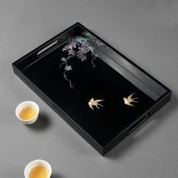 Wooden Tray With Mother of Pearl Inlaid Fruit Storage Trays Candle Holder Multi-purpose Tray for Farmhouse Kitchen Countertop
