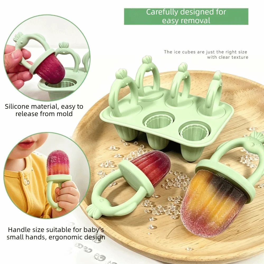 DIY Teething Ice Cream Stick Mold BPA-Free Reusable Silicone Popsicle Mold 6 Cavity Easy Clean Ice Cream Mold Summer Kitchen