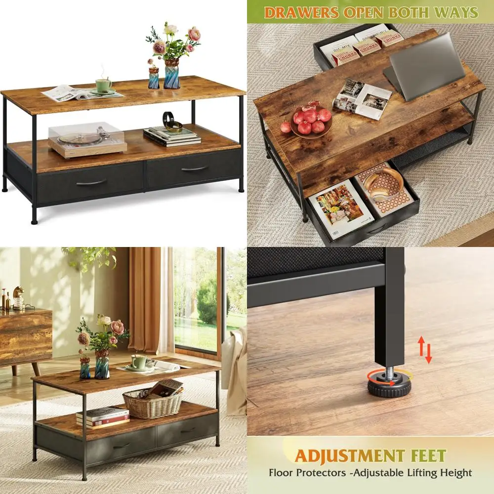 

Stylish 39 Two-Tier Metal Coffee Table with Storage Drawers for Living Room and Bedroom