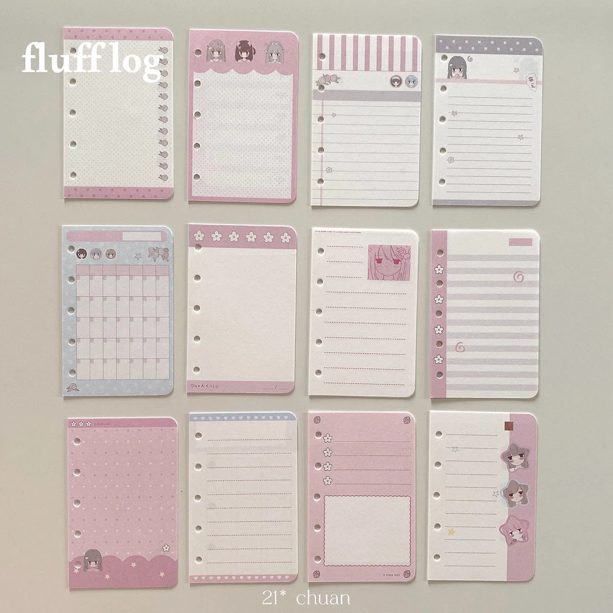 36pcs M5 A7 Kawaii Refill Paper Cute Anime Girl Cartoon Design 12 Patterns x 3 Planner Insert Pages Loose Leaf  for DIY Journal