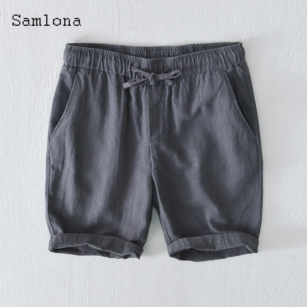 Samlona Men Fashion Linen Shorts 2022 Summer New Sexy Lace-up Skinny Shorts Plus size 4xl Male Casual Beach Short Pants Green