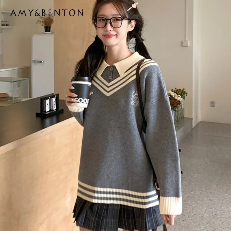 

Japanese Jk Autumn and Winter Lazy Wind Sweater Versatile New College Style Embroidery Fake Two-piece Knitted Sweater For Women