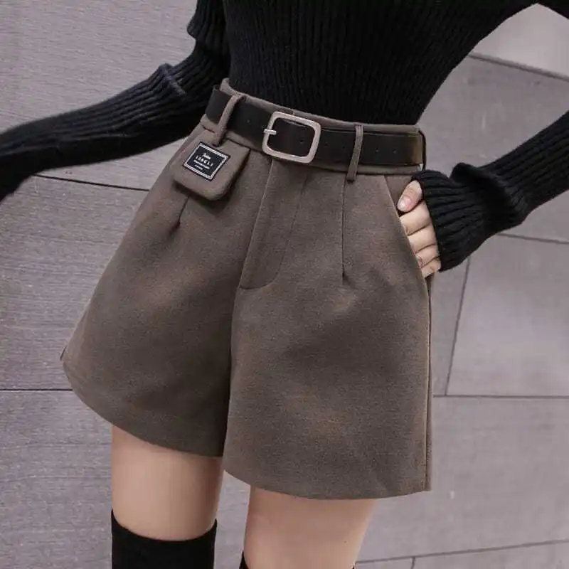 

Women 2023 Autumn Winter Woolen Shorts Female Warm High Waist Wide Leg Casual Fashion Ladies Solid Loose Shorts Feminino Q1