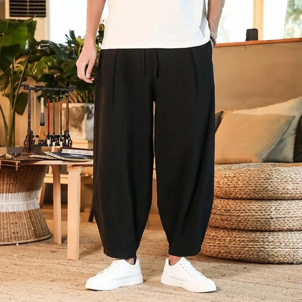 2024 Men\'s Pants Cotton and Linen Male Summer New Pure Color Mens Trousers Loose Baggy Streetwear Plus Size