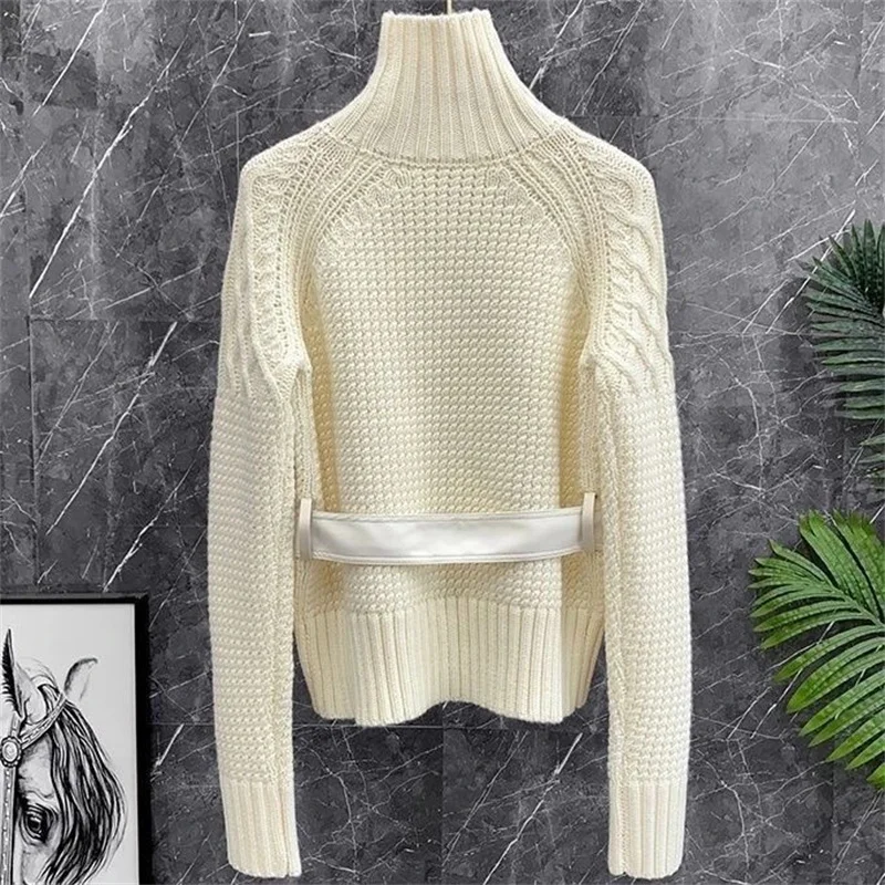 

2025 Autumn Winter New Belt Sweater Turtleneck Sweater Pullover Top Coffee Color Coarse Needle Sweater Female Knitwear