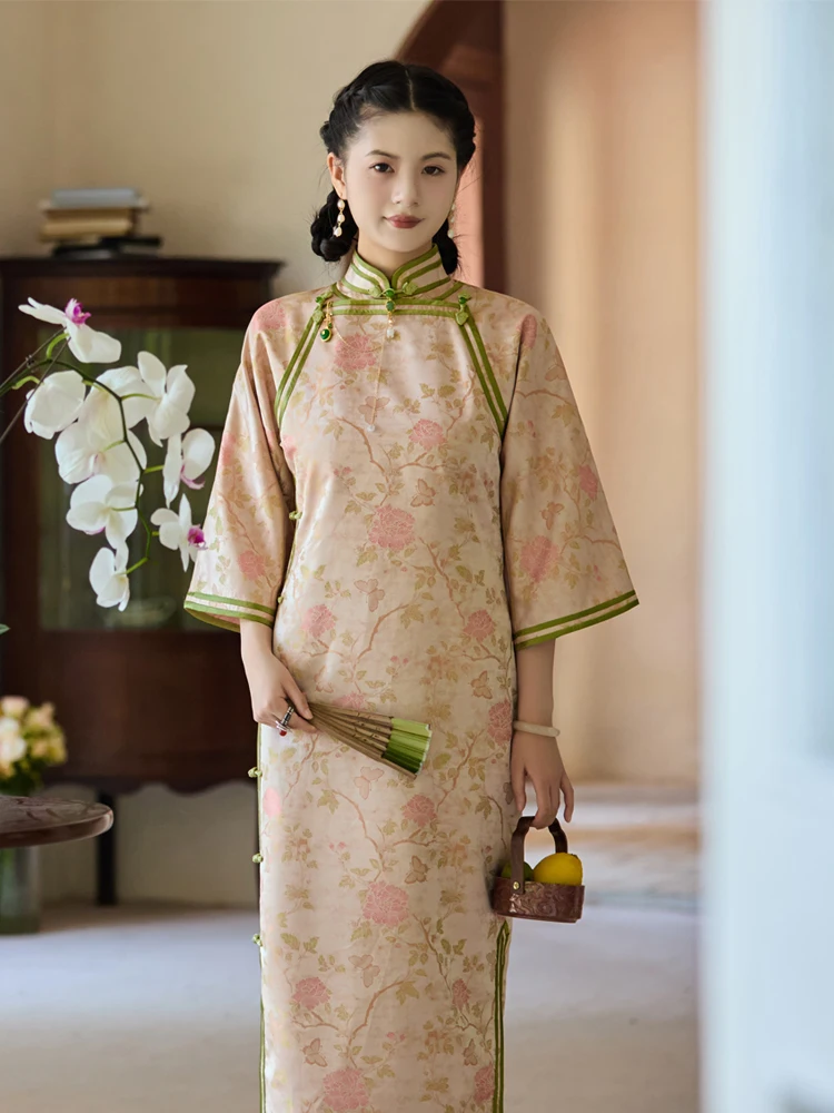 

Шикарное платье Qilai Peony с двойным воротником, традиционное китайское, длинное, с низким разрезом, теплое, утепленное, с цветочным узором