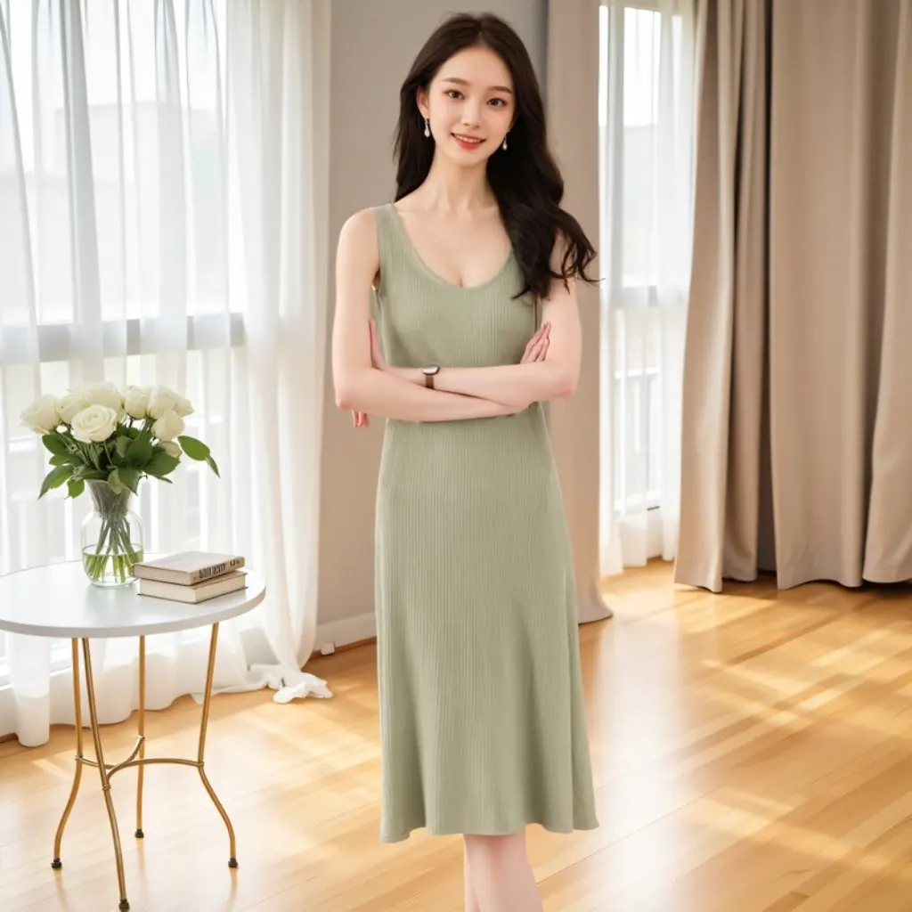 Vestido de malha feminino extra grande, sem mangas, capacidade de 150kg, elegante, comprimento médio, aparência emagrecedora para primavera e outono