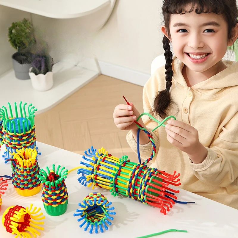 1 個/3 個手作り Diy 編み物糸通しおもちゃ子供の集中力細かい運動トレーニングフラワーバスケット編組ロープパズルおもちゃ
