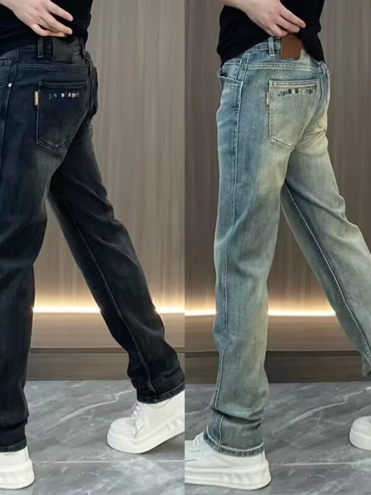 Nieuwe lente herfst high-end heren casual bla waed denim jeans faionable veelzijdige wijde pijpen rechte lange broek
