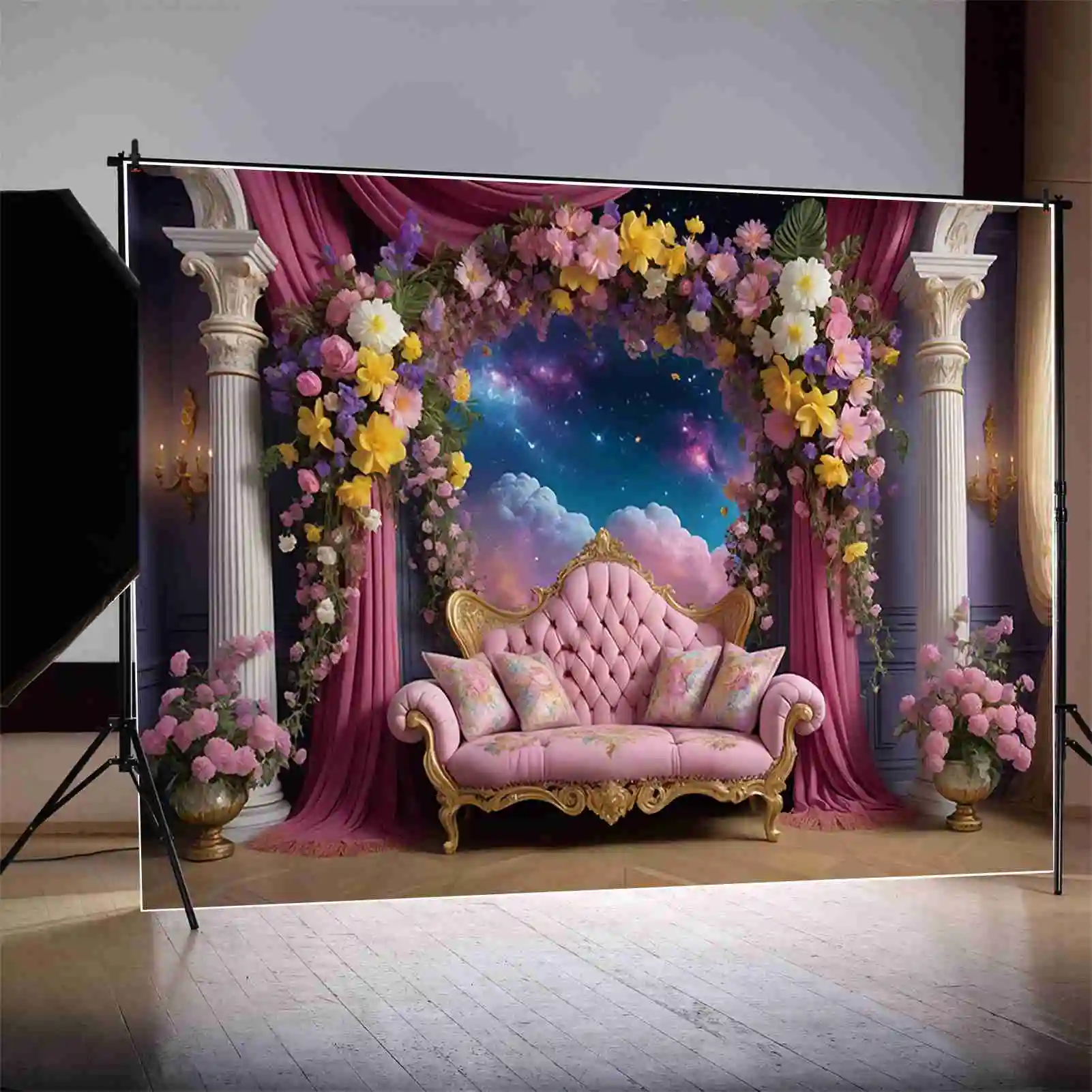 MOON.QG Floral Flower Garland Princess Birthday Backdrop Women'S Viewing Platform Sofa Background Custom Party Photography Props