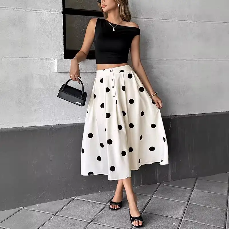 Vintage Skirts Women Long Skirt A Line Button Elegant Pleated Dot Print Y2k Streetwear Work Casual Beach High Waist 2026 Summer