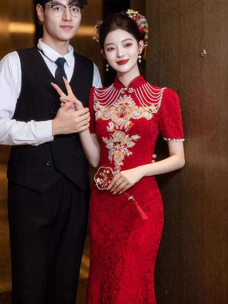 

Ele Lace Wedding Dr Vintage Sle Pearl Embellied Fi Tail Gown for Engagement Par Bridal ower And Wedding