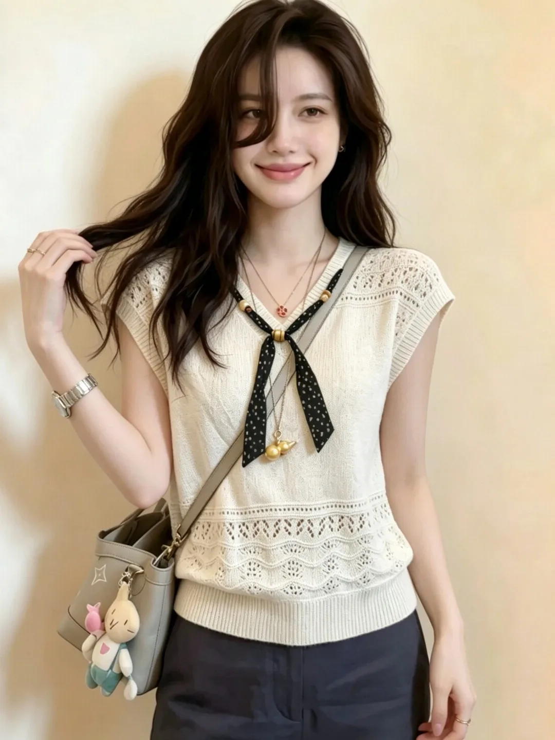 Elegant V-Neck Hollow out Knitwear Short Sleeve Women's Summer Thin Style Fashion Top Commute Style Loose Fit Chinese Made