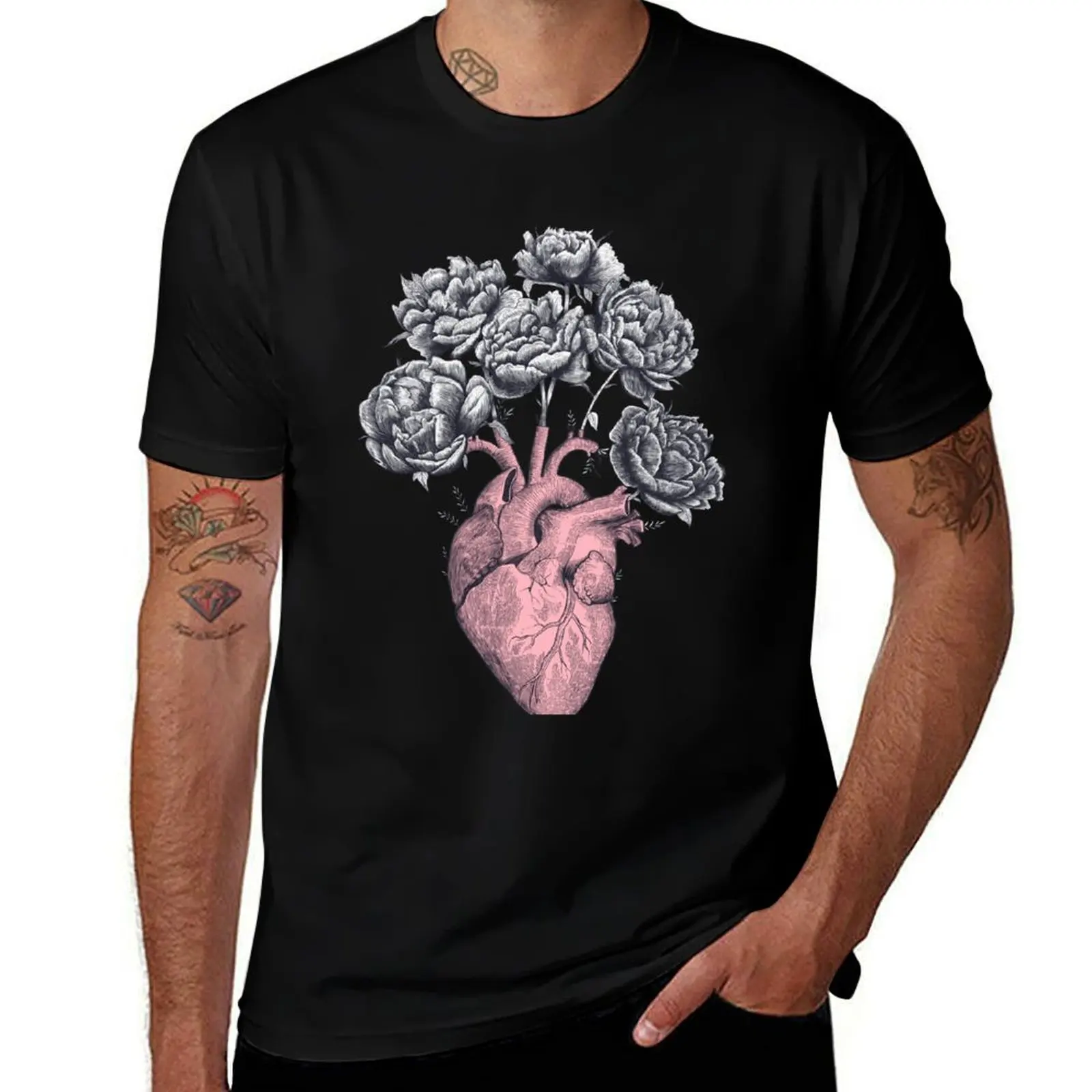 Pink Heart with peonies T-Shirt Minimalist Graphic Tee Shirt T-Shirt