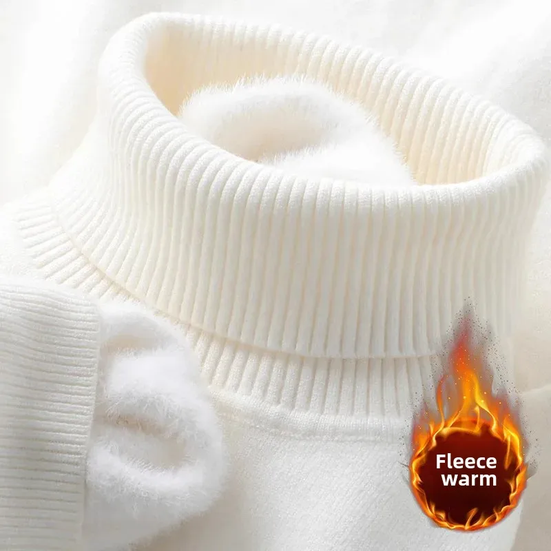 سترة تريكو مبطنة بالصوف بياقة عالية للرجال ملابس داخلية سميكة ودافئة بلون سادة وقصة ضيقة للخريف والشتاء مخمل متكامل