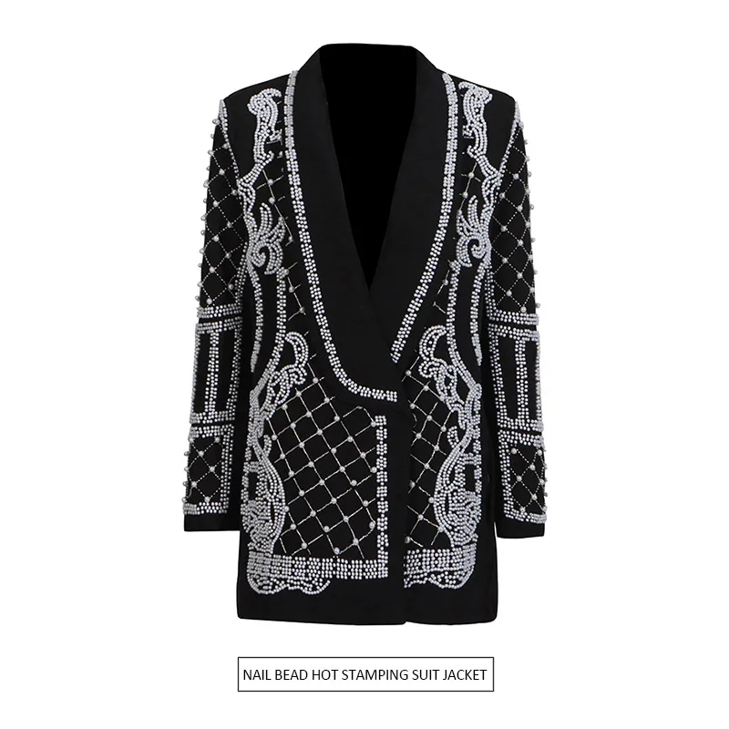 

Модный элитный костюм тяжелой промышленности с бусинами и горячими бриллиантами, темпераментный черный пиджак, женская куртка traf ropa mujer, одежда для женщин