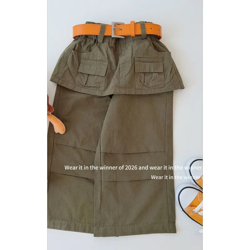 2026 Girls' Spring and Autumn Korean Version Fake Two Piece Fart Curtain Work Pants Casual Wide Leg Pants