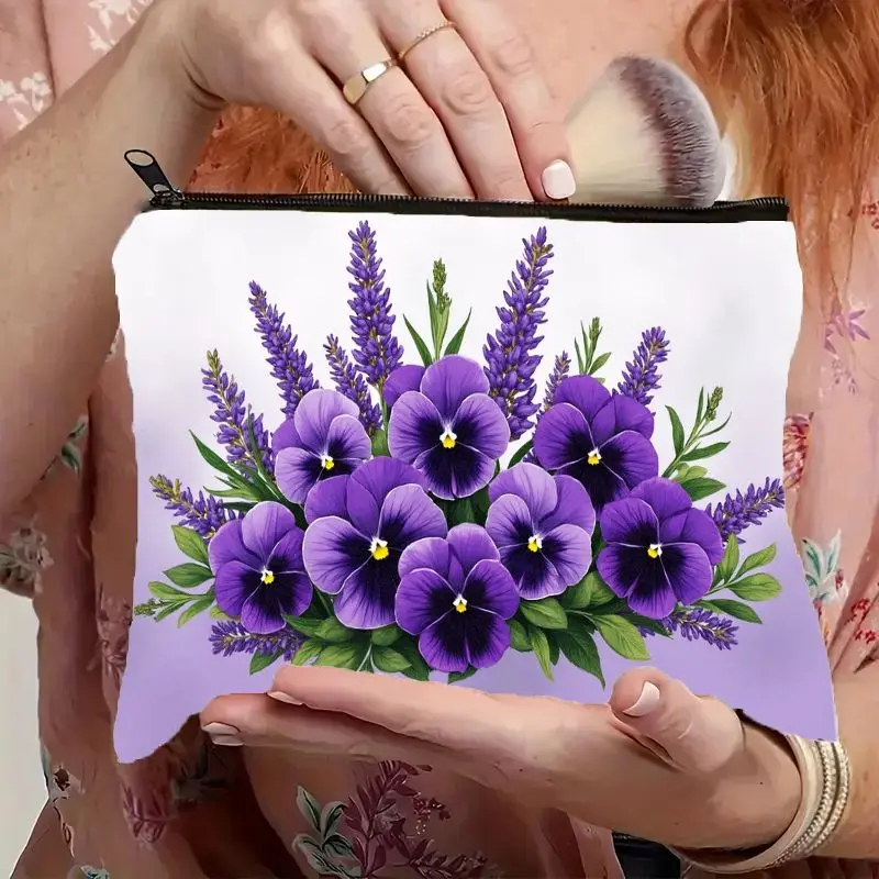 1Pc Exquisite Purple Daisy and Lavender Flower Retro Design Multifunctional Travel Makeup Bag, Snack Storage Bag