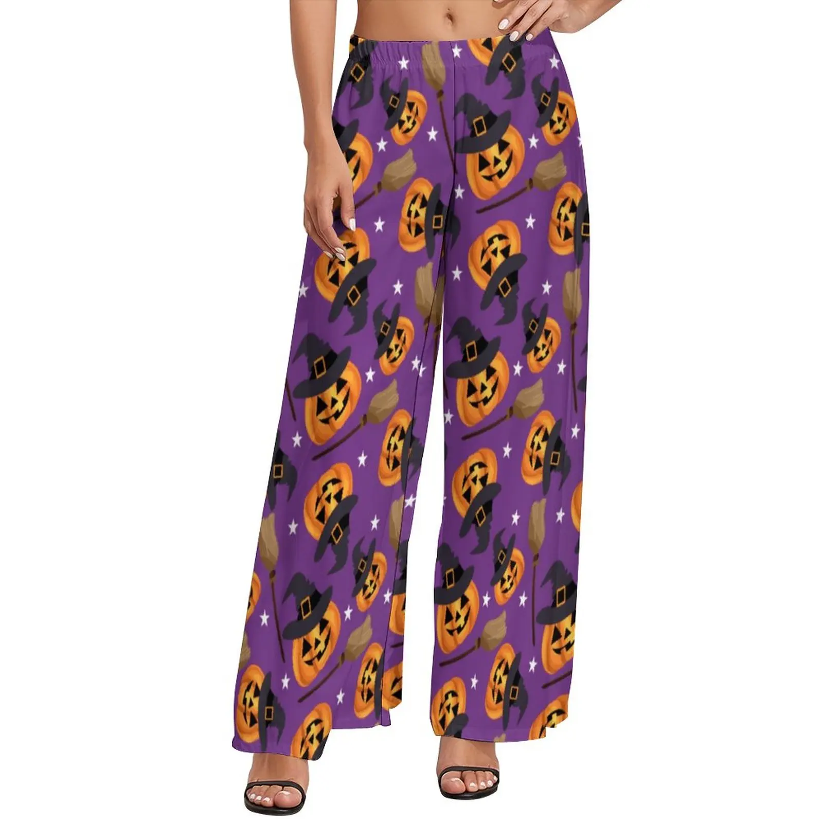 

Flying Witch Print Pants Halloween Pumpkin Casual Wide Pants Ladies Oversized Beach Print Straight Trousers