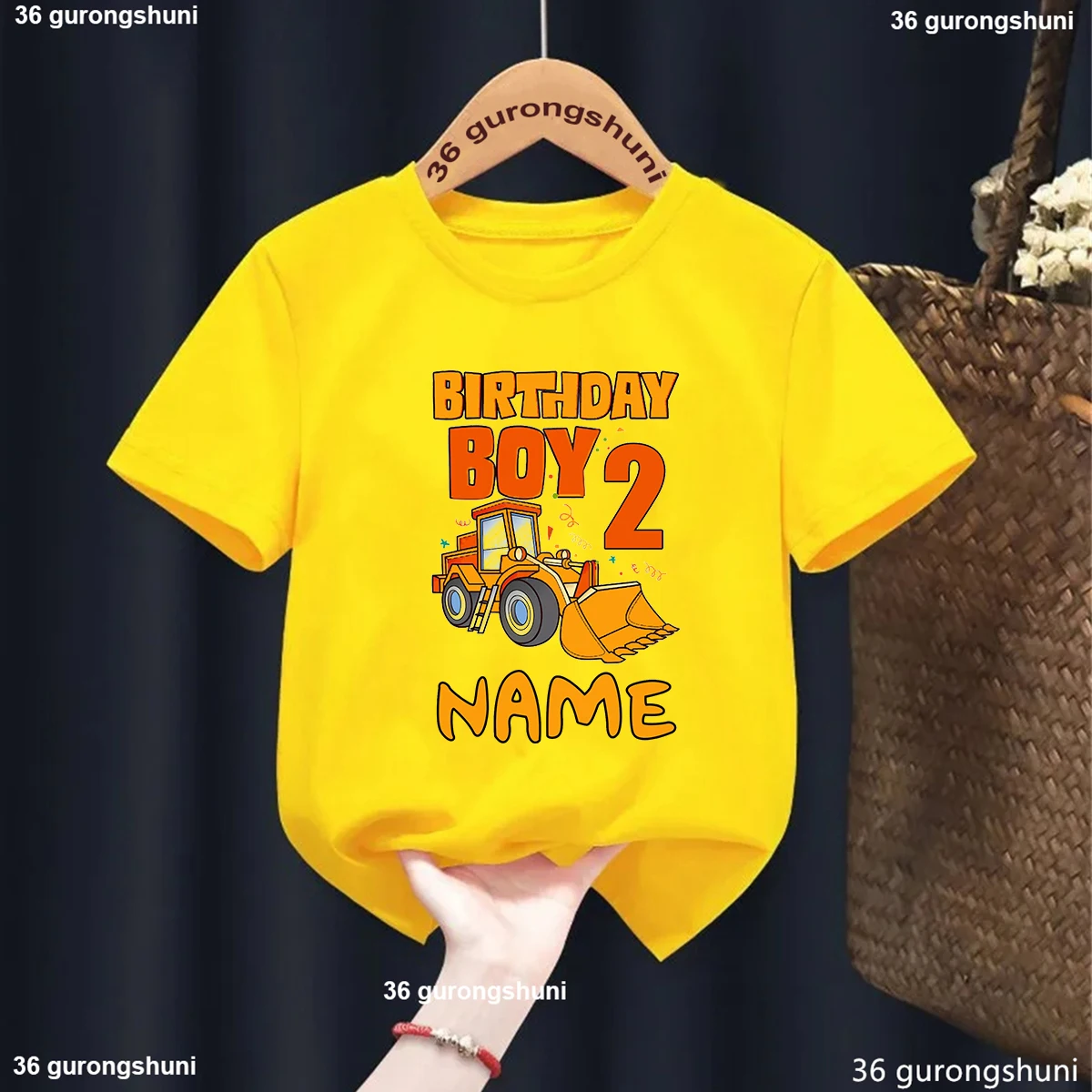 

2025 Newly Arrive Birthday Boys Loader Machinery Pattern Print Cute Boys T Shirt O-Neck Kids Short Sleeve Tops Personalized Name