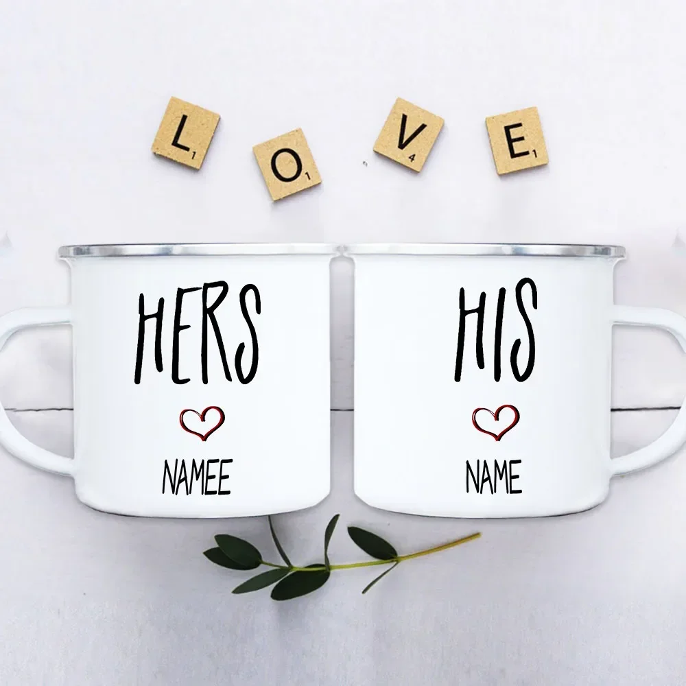 Personalised Hers His Enamel Mugs Couple Names Cups Custom Made Name Anniversary Valentines Couples Gifts for Hubby and Wife Mug