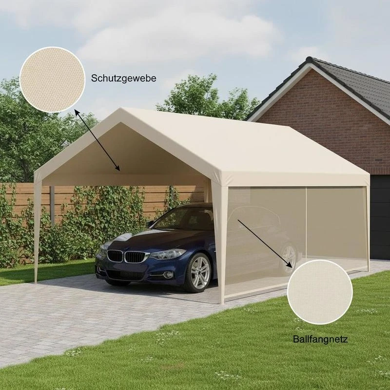 Carport replacement roof, 3.65 x 6.09 m, portable garage tent tarpaulin, UV-resistant car shelter tarpaulin, carport cover with ball catching nets, beige, frame not included - view 3