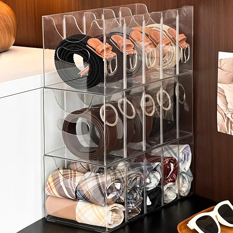 Acrylic rack transparent men and women multi-grid belt belt storage box tabletop home bow scarves display