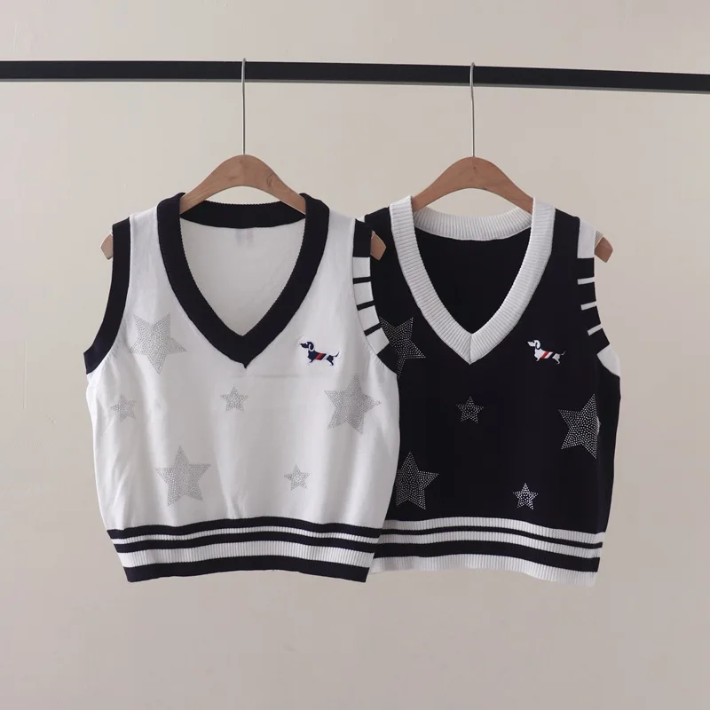 Autumn New Collar with Contrast ColorVCollar Rhinestone Five-Pointed Star Pullover Sleeveless Sweater Vest Vest Black and White