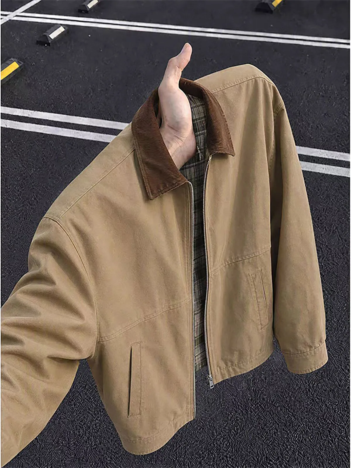 Short Detroit Plaid Washed Flannel Jacket Men's Autumn Heavy Workwear Style Collar Stand up Cardigan Coat Casual Fashion