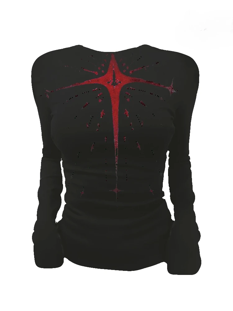 

High Street круглый вырез красный крест дизайн топы осень-зима модная внутренняя одежда футболка женская Harajuku облегающий сексуальный базовый топ