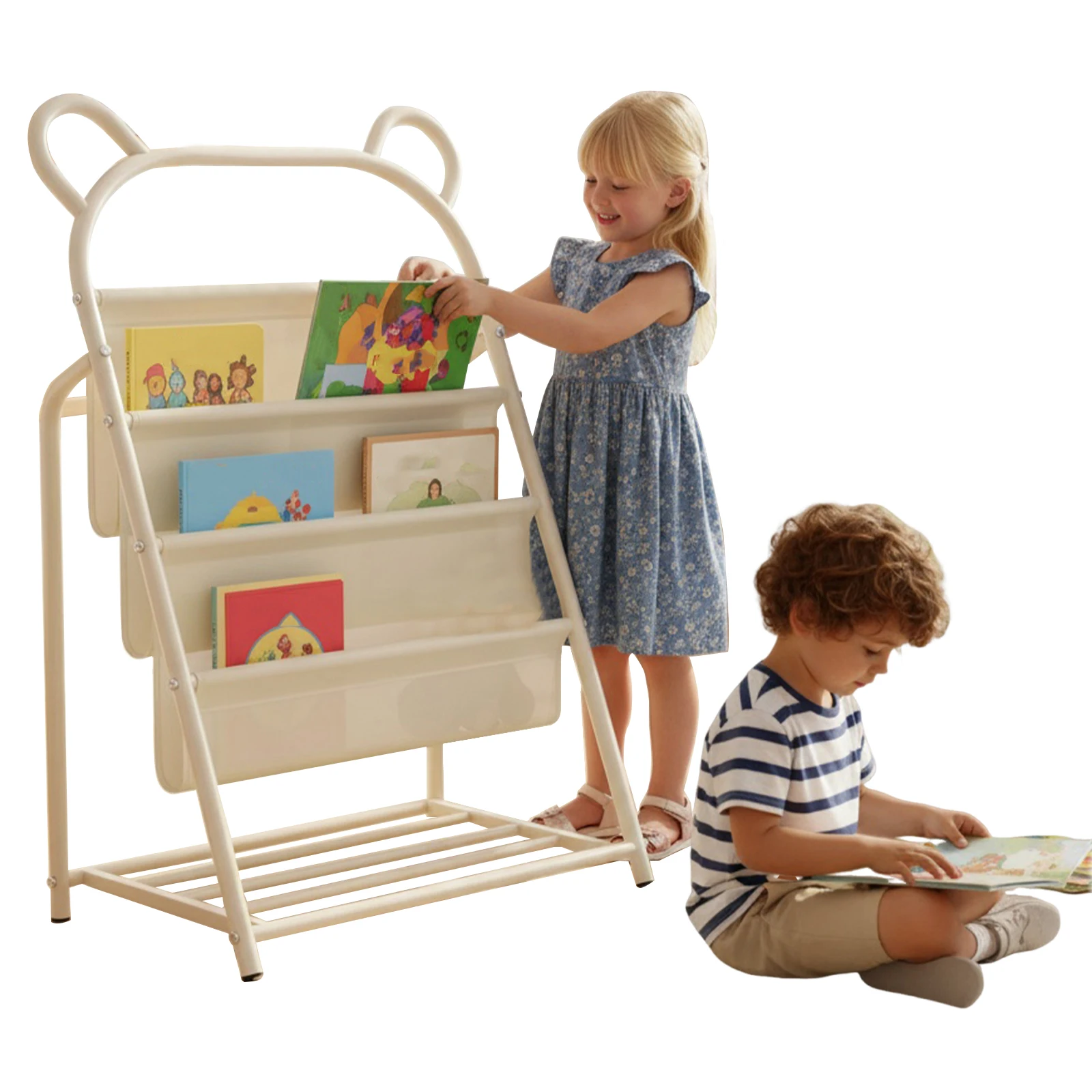

4-Tier Metal Kid Display Bookshelves 60x37x96cm Small Toddler Bookcase for Baby Corner Library Room Classroom Playroom