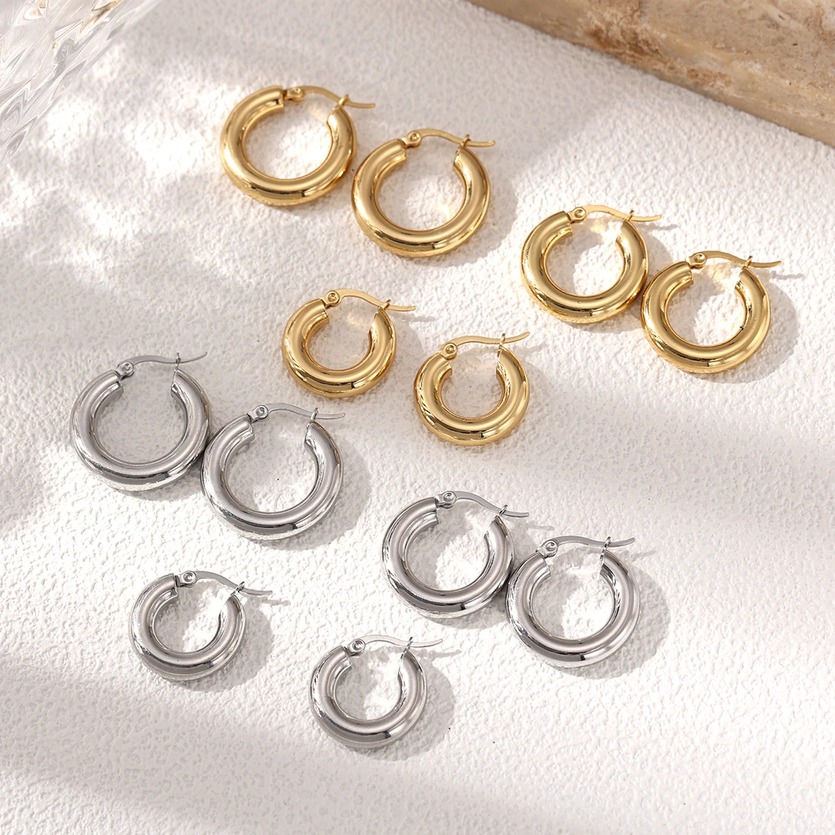 Non Tarnish Stainless Steel Earrings Waterproof Thick Gold Hoops Hypoallergenic for Sensitive Ears Minimalist Jewelry Gift