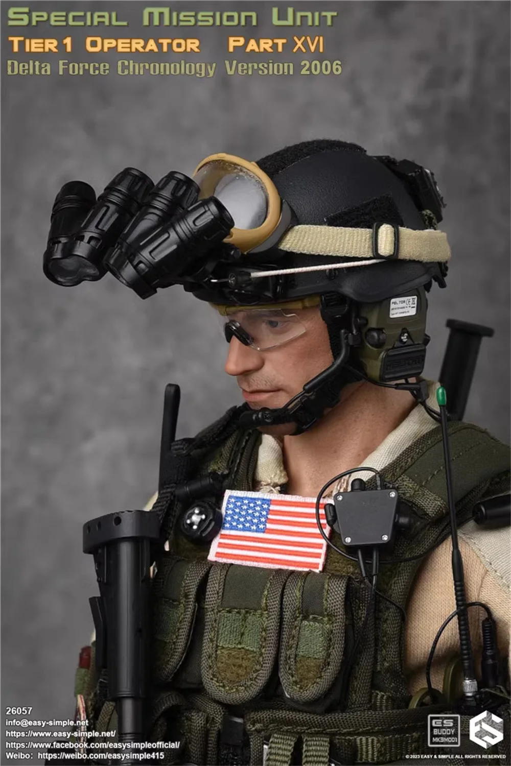 

1/6 EASY&SIMPLE ES 26057 US. Special Mission Unit Tier 1 Operator Delta Black Helmet Night Vision with 4 Eye For 12" Action Doll