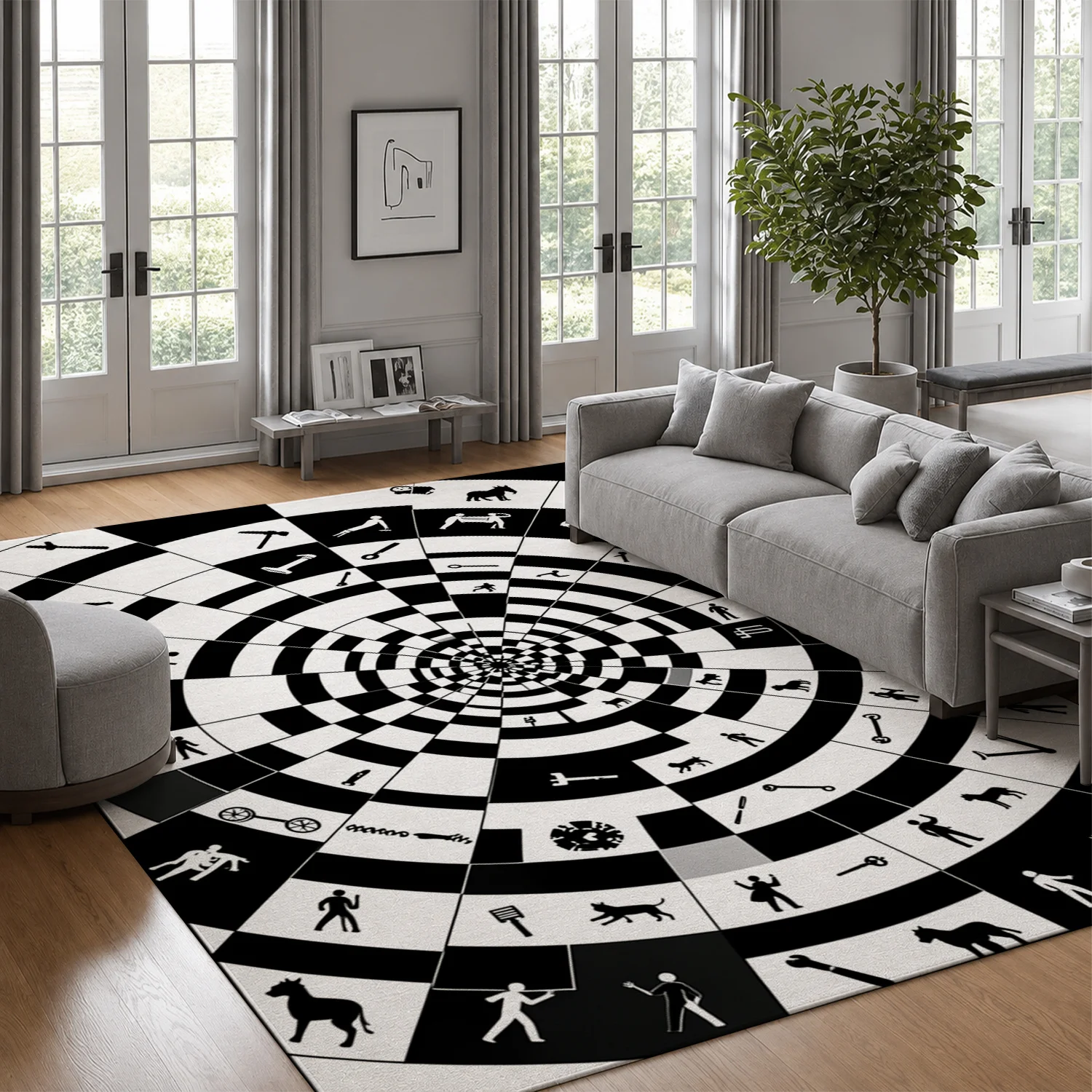 Black White Spiral Checkered Pattern Velvet Area Rug, Machine Washable, Stays Firmly in Place, for Living Room, Bedroom, Dining Room, Home Office, Ideal for Halloween, Thanksgiving, Christmas, New Year, Black Friday, Cyber Monday Home Decor