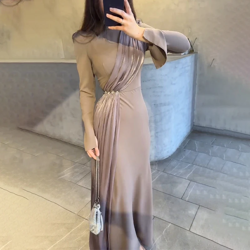 

Ladies Temperament O Neck High Waist Party Dress Fashion Patchwork Pleated Slim Robe Dress 2025 Elegant Solid Long Sleeved Dress