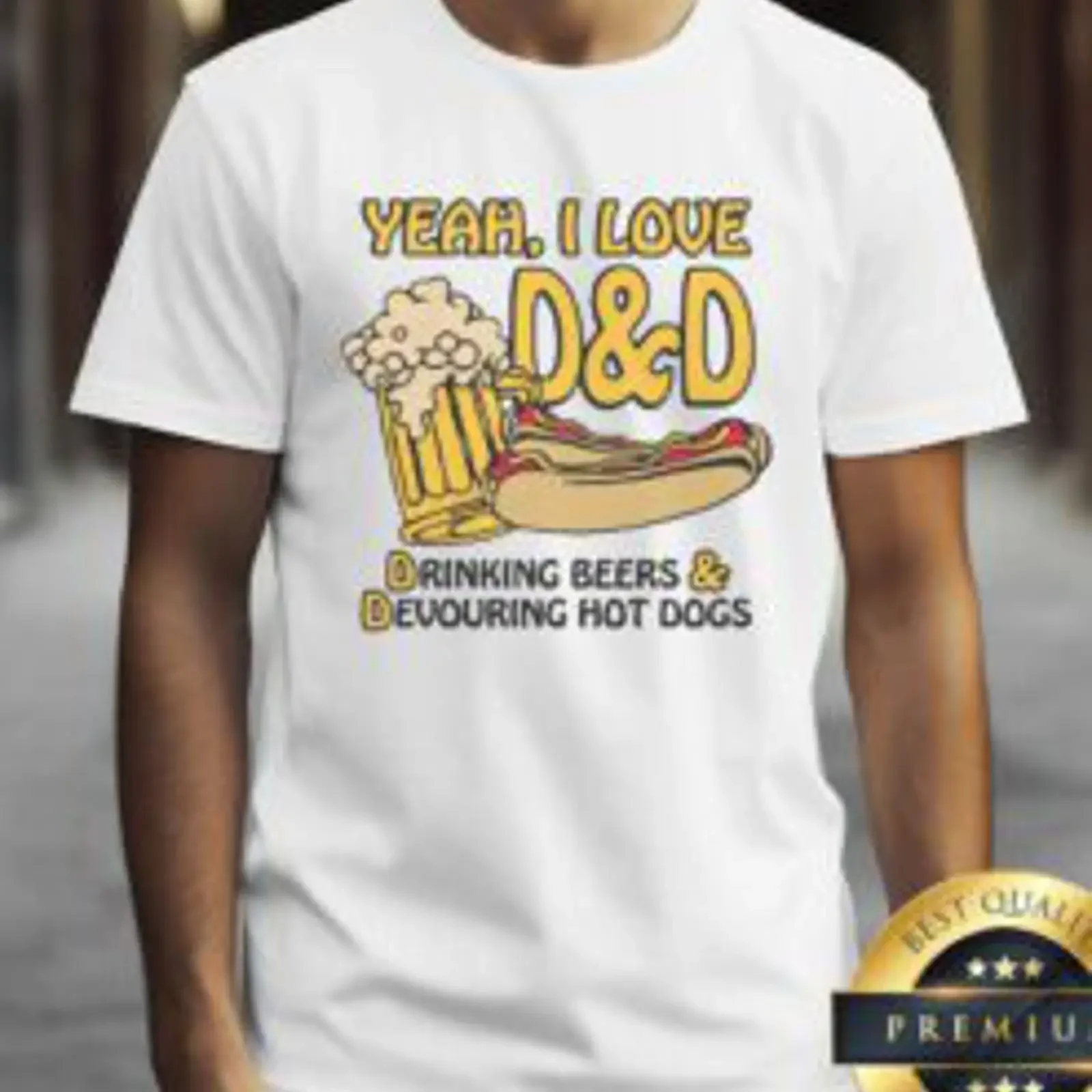 Funny Yeah I Love D Drinking Beers Devouring Hot Dogs T Shirt design featuring playful graphics for tabletop gamers vintage