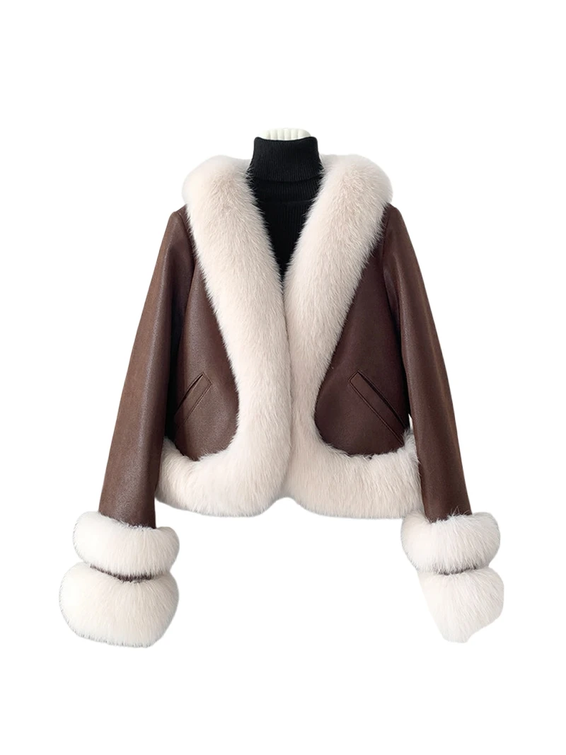 Neue kurze weiße Gänsedaunenjacke aus Fuchspelz und Wildlederfellmantel für junge und modische Frauen im Winter 2025