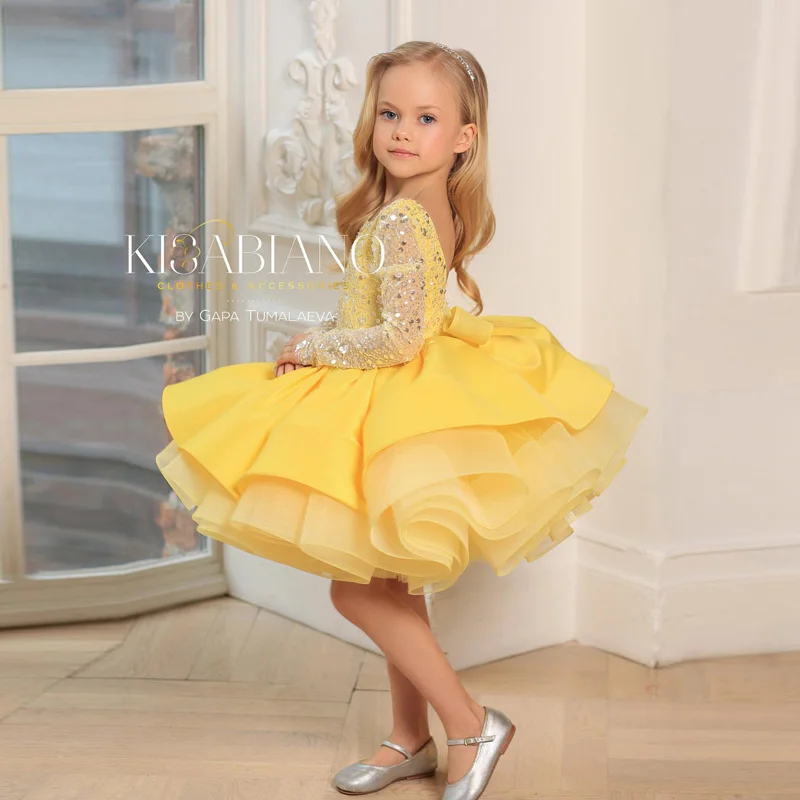 

Glitter Yellow Requins O Neck Full Sleeve Dresses Girls Puffy A-line Short Kids Dress For Brithday Party Child Gowns Wholesale