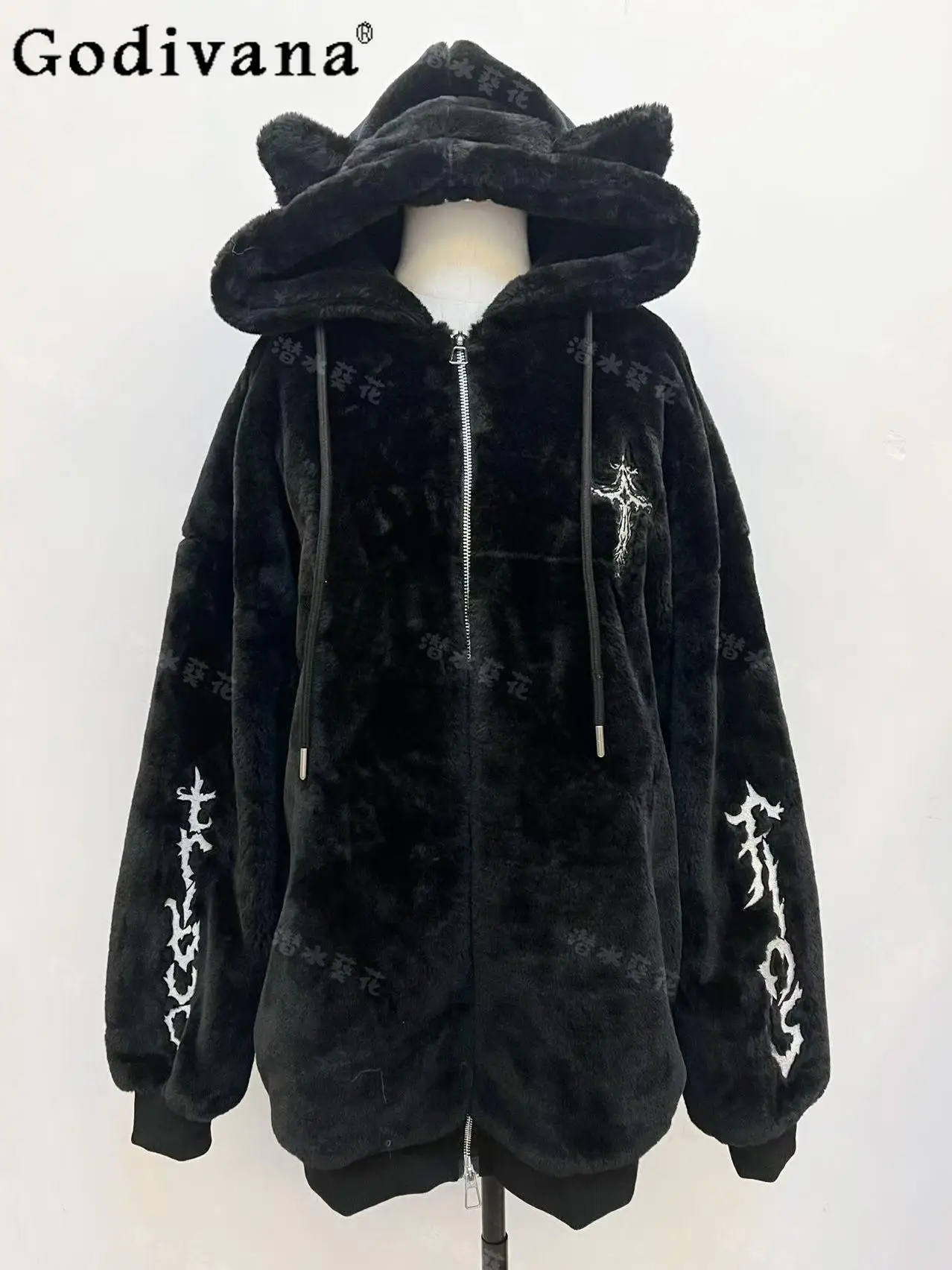 

Gothic Black Plush Jacket Women's Loose Cross Embroidered Hooded Faux Fur Jacket Japanese Mass-produced Mine Thickened Coats