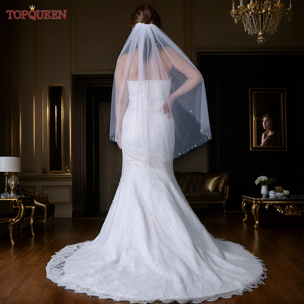 TOPQUEEN V170 Simple Pearls Wedding Veils with Comb Elegant Bridal Veil 1 Tier Fingertip Veil Beaded Wedding Accessories