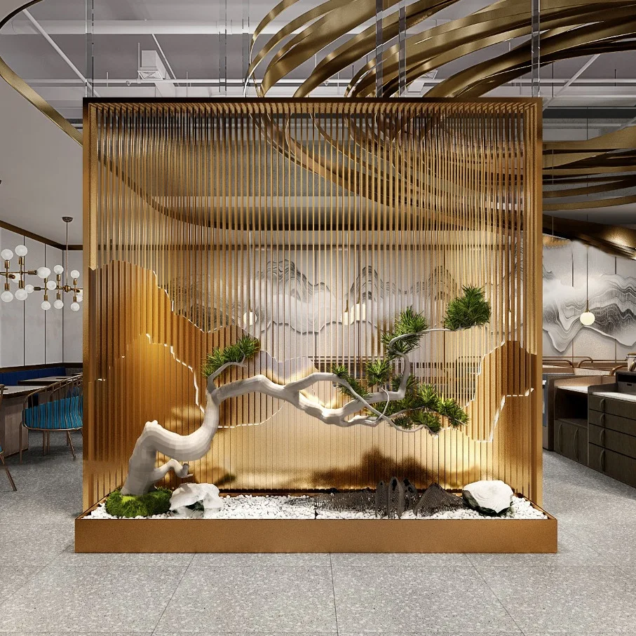 Modern Chinese stainless steel screen partition wall outdoor villa hotel lobby office entrance decorative wood