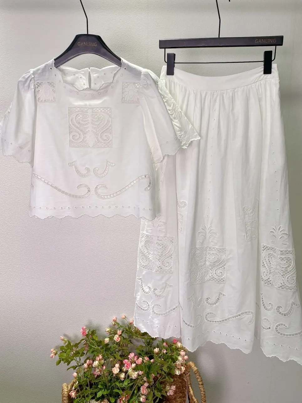 

2026 New Hollow Embroidery Short Sleeve Shirt White Lady Style A Word Long Skirt