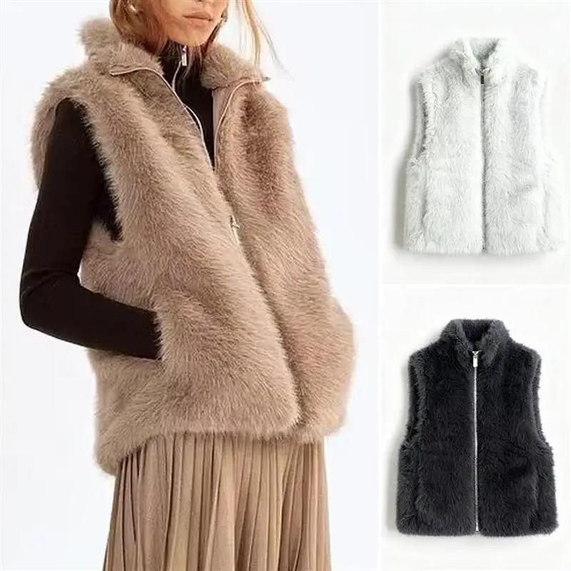 

Faionable Soft Plu Fabric Warm Stand Collar Vest Autumn Sle Women's Vest Comfortable Zipper Closure Sweet Sle