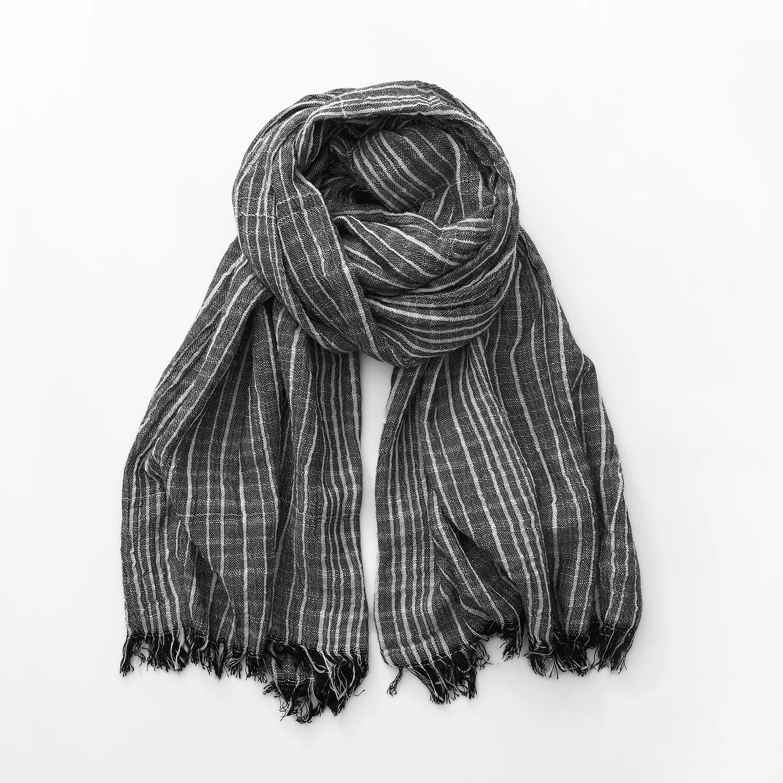 

Fashion Striped Men Scarf Cotton Linen Wrinkled Autumn Winter Warm Pashmina Lady Shawls and Wraps Lady Short Tassel Bufanda