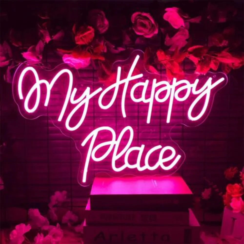 

My Happy Place Pink LED Neon Sign Light Home Art for Bar Bedroom Kid Room Club Game Wedding Birthday Party Wall Decor Gift