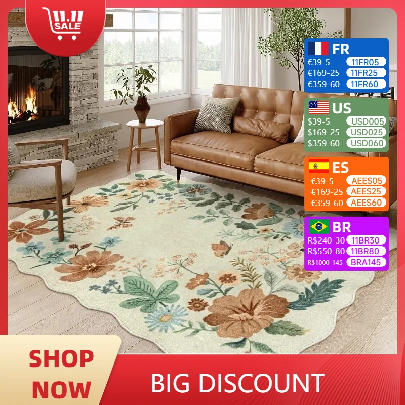 Irregular Living Room Carpet Foldable Machine Washable Vintage Flower Mat Anti-slip Wear-resistant Bedroom Rug Alfombra Tapis 러그