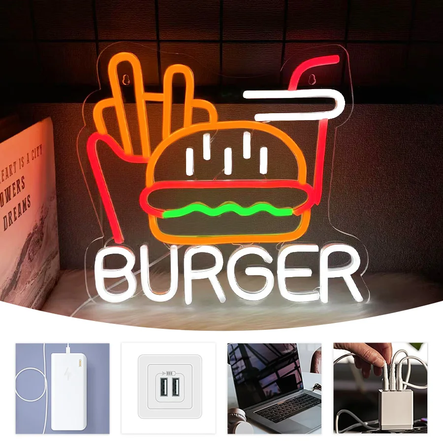 Burger Led Neon Light Signs, French Fries Hamburg Coke Icon Acrylic Usb Powered, Used For Fast Food Restaurants Decor.