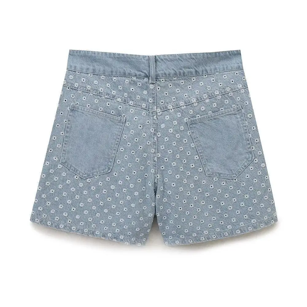 Fashionable Hollow Out Embroidery Denim Shorts for Women in Blue Color for Summer