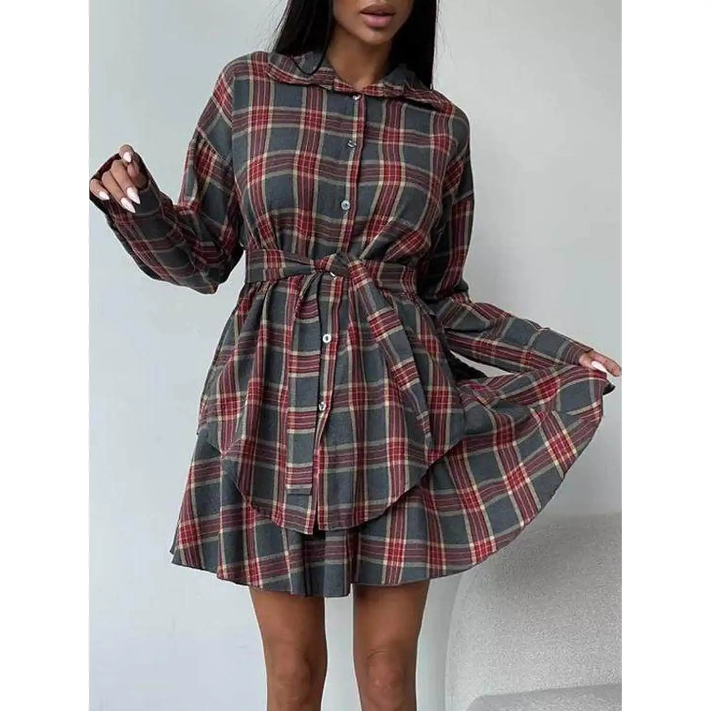 

Plaid irt Skirt Set Women's Faion Two-Piece Suit Turn-down Collar f-length Wrap Belted Winter Season Ladies Outfit